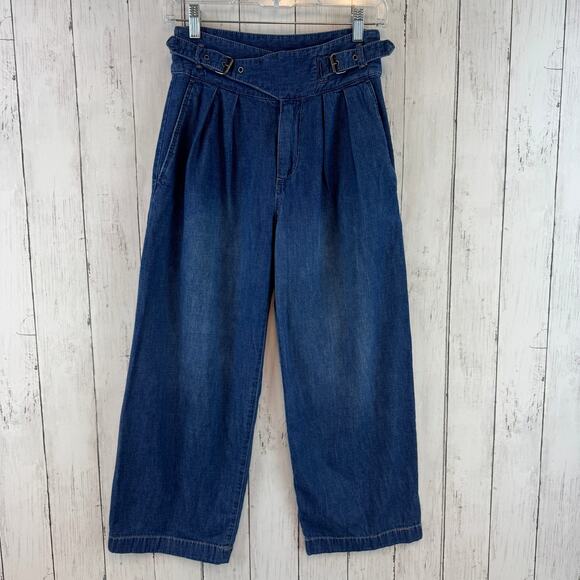 Lauren Ralph Lauren Blue Pleated Denim Wide-Leg Ankle Pant High Rise Size 00 - Picture 1 of 16